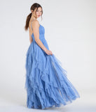 Turn heads at Prom 2025 in this light blue prom dress, where statement-making details meet the iconic style of the Katrina Ruffled Slit A-Line Glitter Mesh Formal Dress.