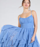 Turn heads at Prom 2025 in this light blue prom dress, where statement-making details meet the iconic style of the Katrina Ruffled Slit A-Line Glitter Mesh Formal Dress.