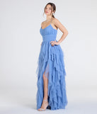 Turn heads at Prom 2025 in this light blue prom dress, where statement-making details meet the iconic style of the Katrina Ruffled Slit A-Line Glitter Mesh Formal Dress.