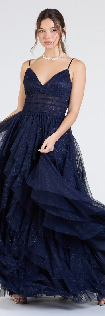 Own the spotlight in the Indiana V-Neck Corset Ruffle A-Line Formal Dress, a navy blue formal dress crafted to deliver luxe style for autumn weddings, Military Balls, or any special event.