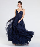 Own the spotlight in the Indiana V-Neck Corset Ruffle A-Line Formal Dress, a navy blue formal dress crafted to deliver luxe style for summer weddings, Army Balls, or any special event.
