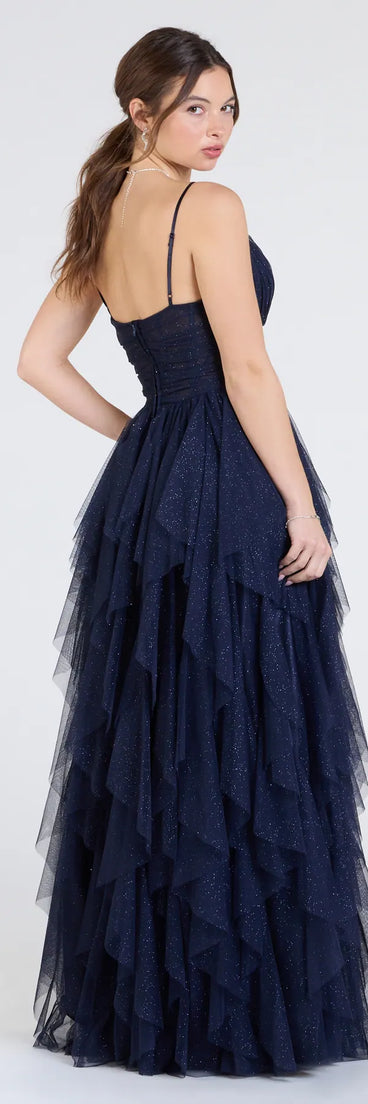 Turn heads at Prom 2025 in this navy blue prom dress, where statement-making details meet the iconic style of the Indiana V-Neck Corset Ruffle A-Line Formal Dress.