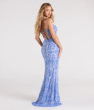 Turn heads at Prom 2025 in this periwinkle prom dress, where statement-making details meet the iconic style of the Lucille Lace-Up Corset Sequin Formal Dress.