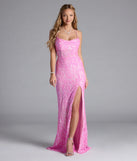 Own the spotlight in the Lani Lace-Up Slit Mermaid Sequin Formal Dress, a pink formal dress crafted to deliver luxe style for summer weddings, Army Balls, or any special event.