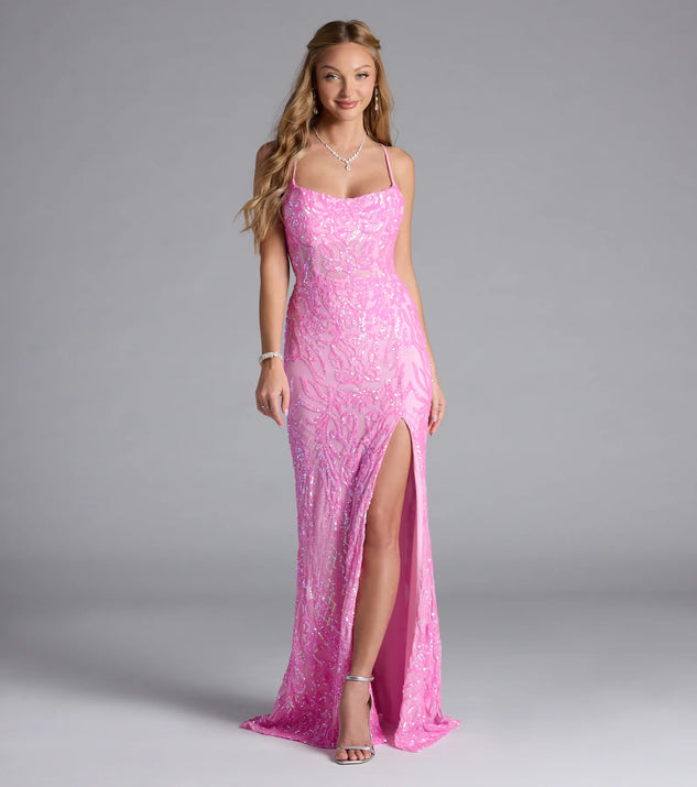Own the spotlight in the Lani Lace-Up Slit Mermaid Sequin Formal Dress, a pink formal dress crafted to deliver luxe style for summer weddings, Army Balls, or any special event.