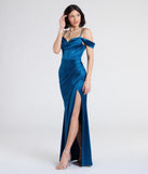 Turn heads at Prom 2025 in this teal prom dress, where statement-making details meet the iconic style of the Trista Cold Shoulder Slit Satin Formal Dress.