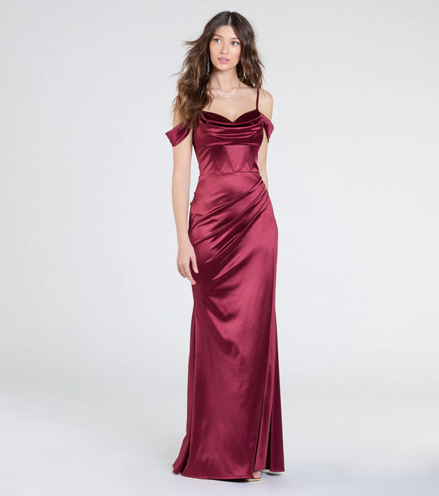 Make a statement in the Trista Cold Shoulder Slit Satin Formal Dress in wine, a bold red prom dress designed to exude confidence, elegance, and a striking prom-night look.
