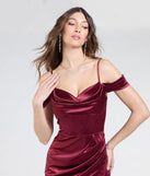 Make a statement in the Trista Cold Shoulder Slit Satin Formal Dress in wine, a bold red prom dress designed to exude confidence, elegance, and a striking prom-night look.