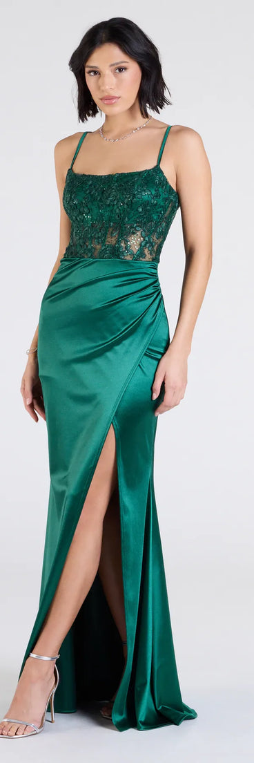 Lucia Lace Corset Slit Satin Formal Dress | Windsor Lucia Lace Corset Slit Satin Formal Dress | Windsor