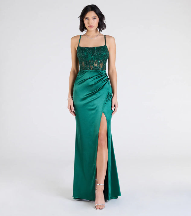 Lucia Lace Corset Slit Satin Formal Dress | Windsor Lucia Lace Corset Slit Satin Formal Dress | Windsor