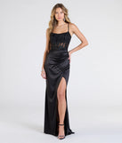 Turn heads at Prom 2025 in this black prom dress, where statement-making details meet the iconic style of the Lucia Lace Corset Slit Satin Formal Dress.