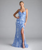 Own the spotlight in the Jaide Lace-Up Corset Slit Sequin Formal Dress, a periwinkle formal dress crafted to deliver luxe style for summer weddings, Army Balls, or any special event.