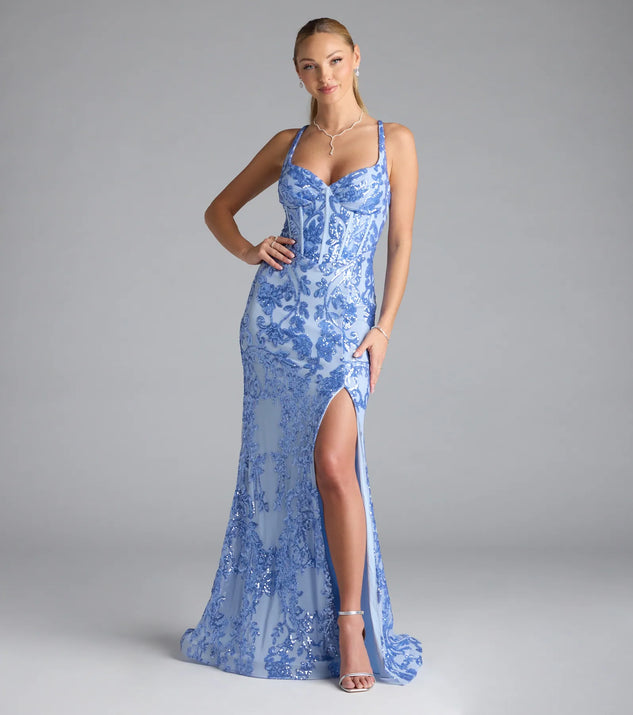 Own the spotlight in the Jaide Lace-Up Corset Slit Sequin Formal Dress, a periwinkle formal dress crafted to deliver luxe style for summer weddings, Army Balls, or any special event.