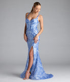 Turn heads at Prom 2025 in this periwinkle prom dress, where statement-making details meet the iconic style of the Jaide Lace-Up Corset Slit Sequin Formal Dress.
