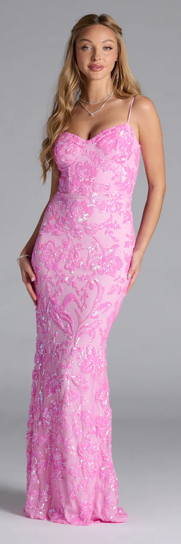 Own the spotlight in the Alandra Sweetheart Mermaid Sequin Formal Dress, a pink formal dress crafted to deliver luxe style for autumn weddings, Military Balls, or any special event.