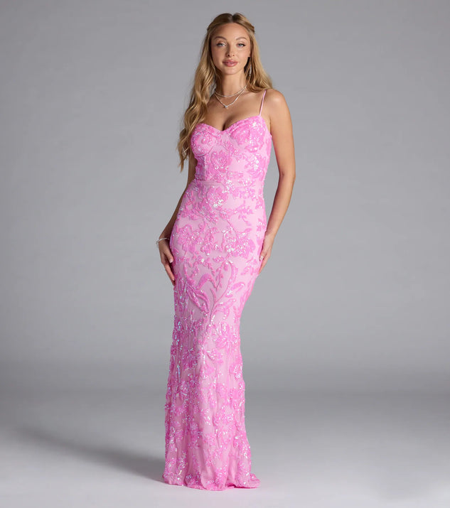 Turn heads at Prom 2025 in this pink prom dress, where statement-making details meet the iconic style of the Alandra Sweetheart Mermaid Sequin Formal Dress.