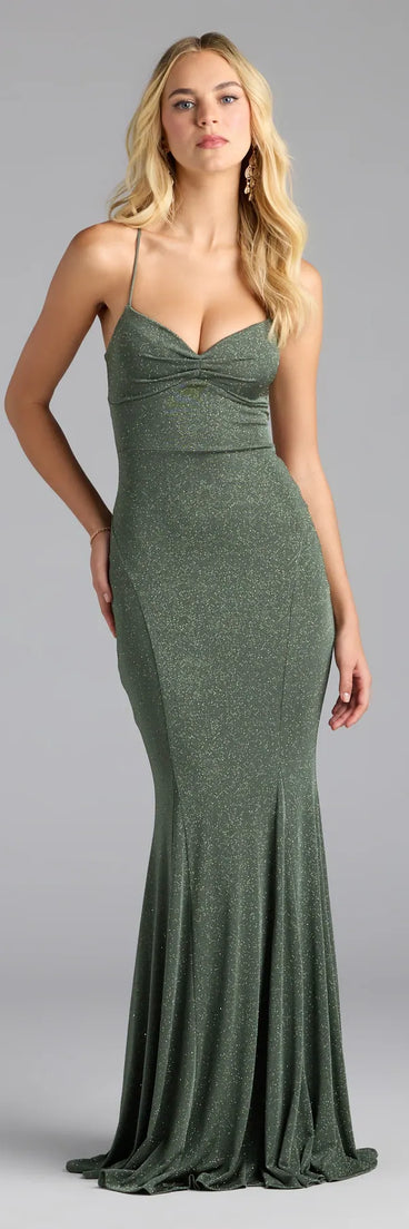 Feel instantly put-together in the Liz Lace-Up Mermaid Glitter Formal Dress in olive green, a stylish wedding guest dress designed for confident style and all-out celebration.