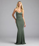 Step into summer looking effortlessly chic in the Liz Lace-Up Mermaid Glitter Formal Dress in olive green, a must-have Windsor dress for your warm-weather wardrobe.