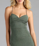 Step into summer looking effortlessly chic in the Liz Lace-Up Mermaid Glitter Formal Dress in olive green, a must-have Windsor dress for your warm-weather wardrobe.