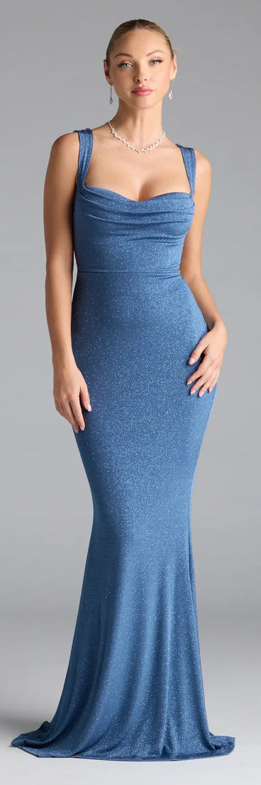 Own the spotlight in the Shelia Lace-Up Mermaid Glitter Formal Dress, a denim blue formal dress crafted to deliver luxe style for autumn weddings, Military Balls, or any special event.