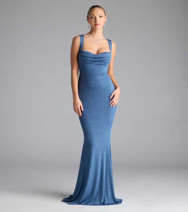 Own the spotlight in the Shelia Lace-Up Mermaid Glitter Formal Dress, a denim blue formal dress crafted to deliver luxe style for summer weddings, Army Balls, or any special event.