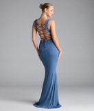 Turn heads at Prom 2025 in this denim blue prom dress, where statement-making details meet the iconic style of the Shelia Lace-Up Mermaid Glitter Formal Dress.