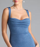Own the spotlight in the Shelia Lace-Up Mermaid Glitter Formal Dress, a denim blue formal dress crafted to deliver luxe style for summer weddings, Army Balls, or any special event.