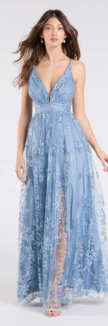 Own the spotlight in the Ayva A-Line Glitter Sequin Tulle Formal Dress, a denim blue formal dress crafted to deliver luxe style for autumn weddings, Military Balls, or any special event.