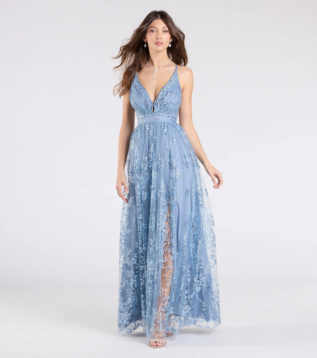 Step into the Prom 2025 dance in the Ayva A-Line Glitter Sequin Tulle Formal Dress in denim, a stunning blue prom dress designed to complement any theme with its timeless allure and statement-making style.