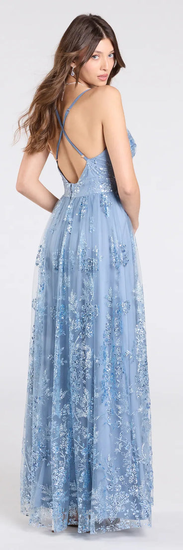 Step into the Prom 2025 dance in the Ayva A-Line Glitter Sequin Tulle Formal Dress in denim, a stunning blue prom dress designed to complement any theme with its timeless allure and statement-making style.