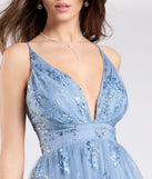 Step into the Prom 2025 dance in the Ayva A-Line Glitter Sequin Tulle Formal Dress in denim, a stunning blue prom dress designed to complement any theme with its timeless allure and statement-making style.