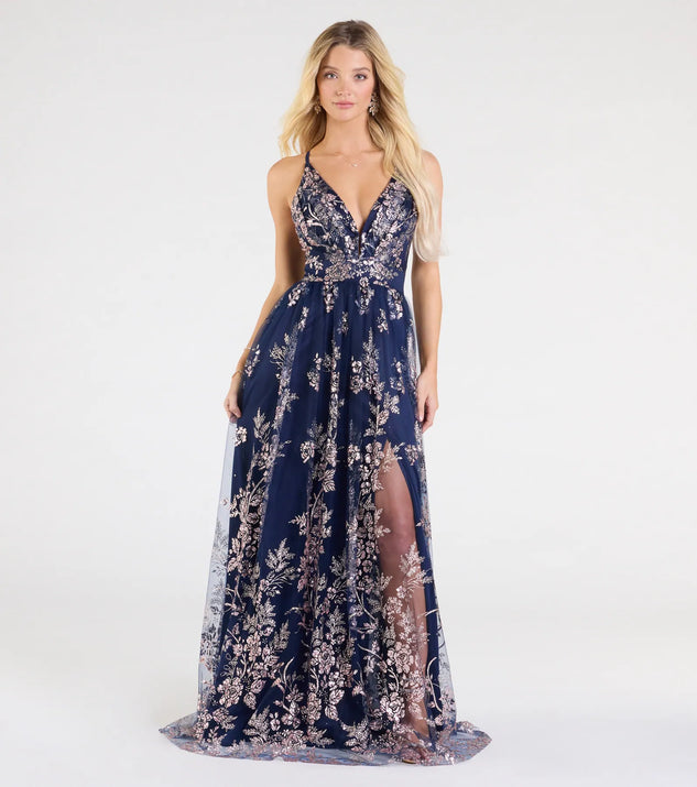 The Ayva A-Line Glitter Sequin Tulle Formal Dress in luxe navy blue fabric, a stunning prom dress with statement details designed to make a bold impression at Prom 2025.