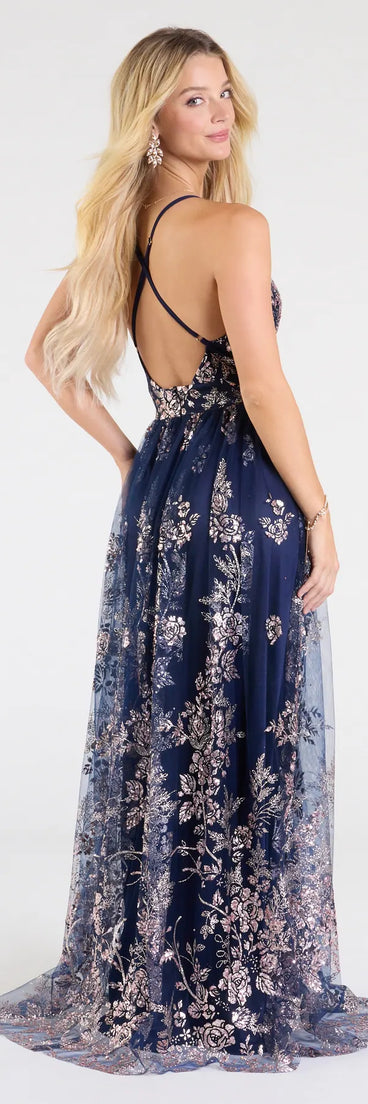 Step into the Prom 2026 dance in the Ayva A-Line Glitter Sequin Tulle Formal Dress in navy, a stunning blue prom dress designed to complement any theme with its timeless allure and statement-making style.
