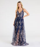 The Ayva A-Line Glitter Sequin Tulle Formal Dress in luxe navy blue fabric, a stunning prom dress with statement details designed to make a bold impression at Prom 2025.