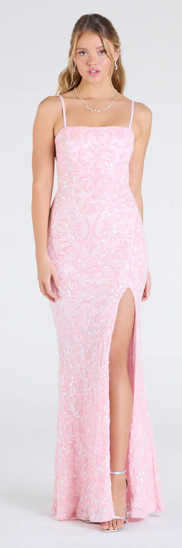 Make a bold statement in the Dana Tie Back Slit Sequin Formal Dress in pink, the perfect summer dress for weddings, cocktail hours, nights out, and/or seasonal celebrations.