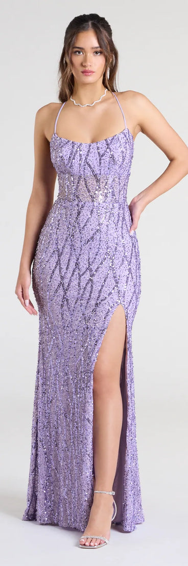 Own the spotlight in the Meghan Lace-Up Corset Sequin Bead Formal Dress, a lavender formal dress crafted to deliver luxe style for autumn weddings, Military Balls, or any special event.