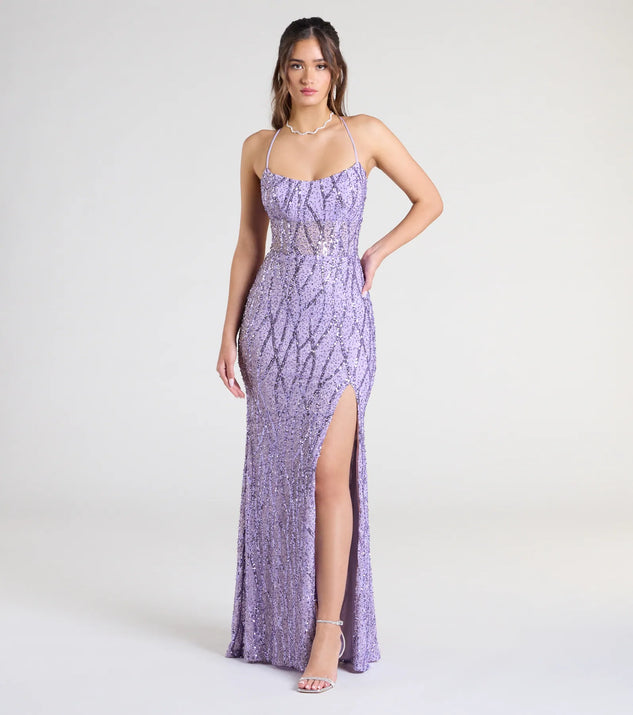 Turn heads at Prom 2025 in this lavender prom dress, where statement-making details meet the iconic style of the Meghan Lace-Up Corset Sequin Bead Formal Dress.