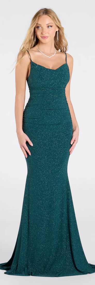 Feel instantly put-together in the Corrina Cowl Neck Mermaid Glitter Formal Dress in hunter green, a stylish wedding guest dress designed for confident style and all-out celebration.