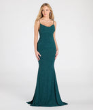 The Corrina Cowl Neck Mermaid Glitter Formal Dress in hunter is a stunning green prom dress designed to capture attention with its fresh or bold color and effortlessly stylish silhouette.
