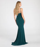 The Corrina Cowl Neck Mermaid Glitter Formal Dress in hunter is a stunning green prom dress designed to capture attention with its fresh or bold color and effortlessly stylish silhouette.