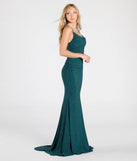 The Corrina Cowl Neck Mermaid Glitter Formal Dress in hunter is a stunning green prom dress designed to capture attention with its fresh or bold color and effortlessly stylish silhouette.