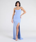 Step into the Prom 2025 dance in the Madison Cowl Neck Slit Glitter Formal Dress, a stunning blue prom dress designed to complement any theme with its timeless allure and statement-making style.