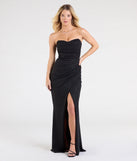 Celebrate in style with the Jaqueline Strapless Slit Glitter Formal Dress, a black formal wedding guest dress featuring an elegant silhouette and luxe details, perfect for a black-tie celebration.