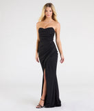 Make the big day unforgettable with the Jaqueline Strapless Slit Glitter Formal Dress, a gorgeous black bridesmaid dress that balances elegance and affordability.