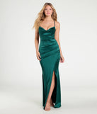The Cassandra Lace-Up Wrap Mermaid Satin Formal Dress in luxe hunter green fabric, a stunning prom dress with statement details designed to make a bold impression at Prom 2025.