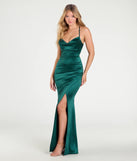 The Cassandra Lace-Up Wrap Mermaid Satin Formal Dress in luxe hunter green fabric, a stunning prom dress with statement details designed to make a bold impression at Prom 2025.