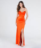 Make a bold statement in the Cassandra Lace-Up Wrap Mermaid Satin Formal Dress in orange, the perfect spring dress for weddings, cocktail hours, nights out, and/or seasonal celebrations.