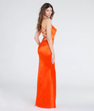 Make a bold statement in the Cassandra Lace-Up Wrap Mermaid Satin Formal Dress in orange, the perfect spring dress for weddings, cocktail hours, nights out, and/or seasonal celebrations.
