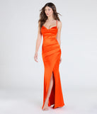 Make a bold statement in the Cassandra Lace-Up Wrap Mermaid Satin Formal Dress in orange, the perfect spring dress for weddings, cocktail hours, nights out, and/or seasonal celebrations.