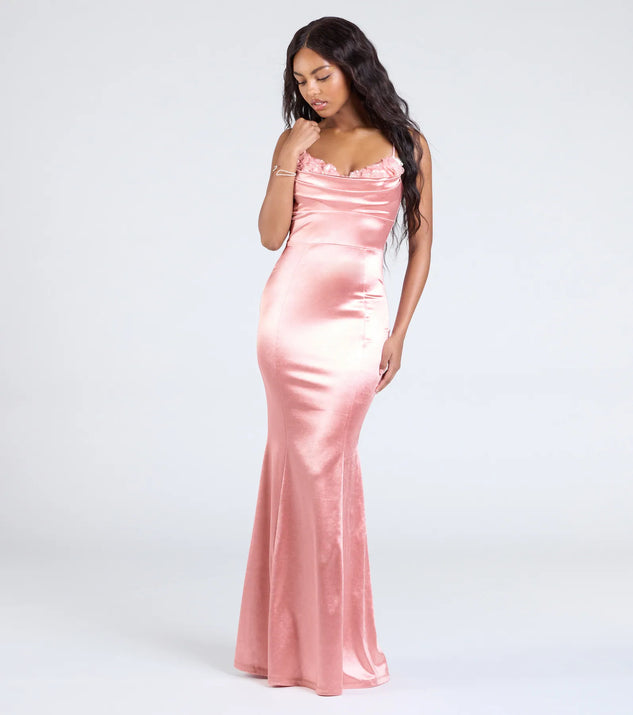 Make a bold statement in the Jackie Floral Sequin Trim Satin Formal Dress in rose, the perfect spring dress for weddings, cocktail hours, nights out, and/or seasonal celebrations.